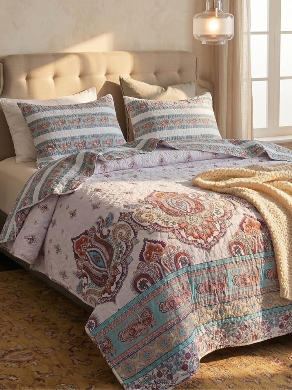 Boho Paisley Quilt Set, Queen Bedspread Coverlet, Turquoise
